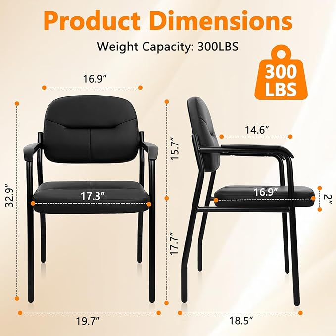 CLATINA Leather Guest Chair Sets of 2 Office Reception Chair No Wheels with Armrests and Lumber Support Ergonomic Desk Armchair for Meeting Waiting Conference Lobby Room Black