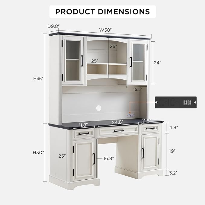 JXQTLINGMU Farmhouse 76 Height Computer Desk with Hutch Office Desk with Charging Station Drawers and Storage Cabinet Workstation for Office Home Off White