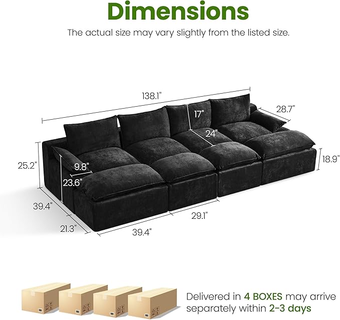 138 4 Seat Boneless Couch with Movable Ottoman Boneless Modular Sectional Sofa Deep Seat Modern Sleeper Sofa Bed for Living Room Cloud Modular Sectional Couch 4 Seat Chenille Chaise Lounge Black