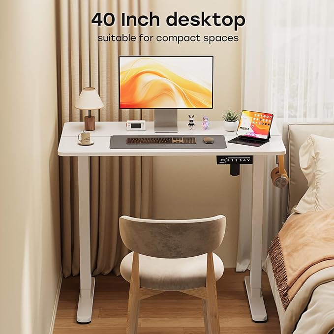 Small Standing Desk 40 ×20 Electric White Standing Table Height Adjustable Compact Sit Stand Desk with Splice Board Home Office Table with 2 Hooks