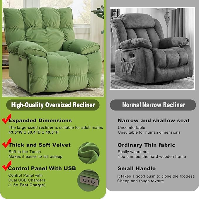 Dozzy Oversized Rocker Recliner ChairOverstuffed Rocking Chair Soft Padded Headrest and Armrest Manual Recliner Extra Large Living Room Chair Up to 350 LBS Power Green