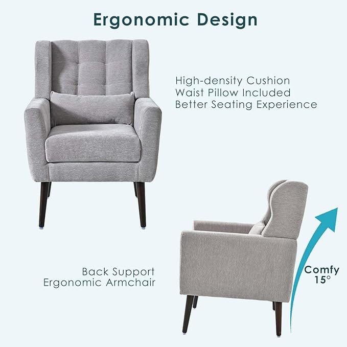 Modern Accent Chair &amp Wingback Chair - Comfortable Living Room Chairs with Waist Pillow - Gray