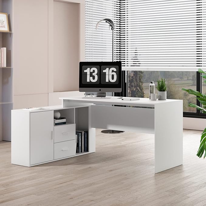 Homsee Home Office Computer Desk Corner Desk with 2 Drawers and 2 Open Cubes 55 Inch Large L-Shaped Study Writing Table with Storage Cabinet White (55.1”L x 47.2”W x 29.5”H)