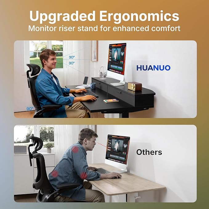 HUANUO 32 x 21 inch Small Electric Standing Desk with 2 Drawers C-Clamp Mount Compatible Height Adjustable Sit Stand Desk Home Office Stand Up Desk with 4 Memory Height Settings Black