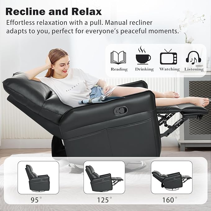 cinkehome Overstuffed Swivel Glider Recliner Manual Swivel Rocking Recliner Faux Leather Rocker Recliner Chair Side Pockets Black