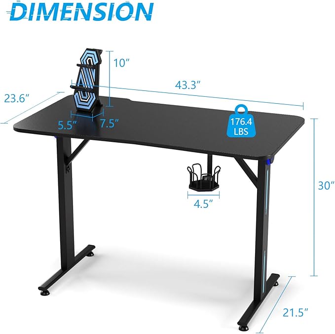 Tangkula Gaming Desk T-Shaped Computer Desk w/Game Controller Stand Cup Holder and LED Light Ergonomic Home Office Game Station with Carbon Fiber Surface (Black)