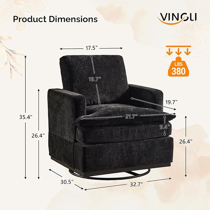 VINGLI Mid-Century Modern Single Swivel Armchairs Set of 2 360° Swivel Double-Layer Seat Cushions Upholstered Square Club Chair for Living Room Bedroom Reading RoomChenille Black