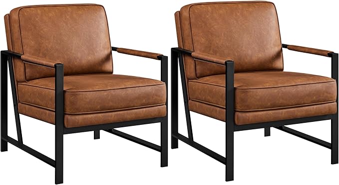 Yaheetech PU Leather Armchairs Retro Leisure Accent Chair with Extra Soft Padded and Cushion 105 Degree Slant Back Modern Reading Arm Chair for Living Room/Office/Bedroom/Study 2pcs Light Brown
