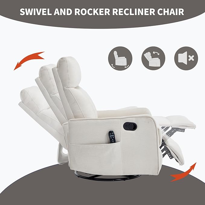 High Back Massage Recliner with Heat - Swivel Rocking Chair for Small Spaces Manual Lazy Boy Recliner for Adults Perfect for Living Room &amp Bedroom Soft Fabric (Beige)