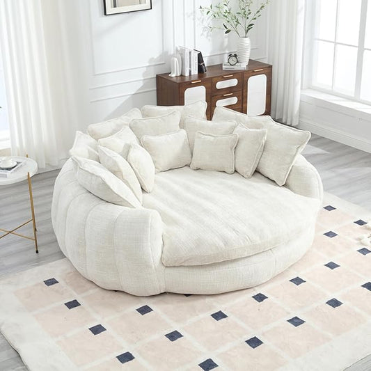 81 Oversized Round Sofa Bed Large Chenille Bean Bag Chair No Assembly Required Cloud Couch Fluffy Plush Chaise Lounge Chair Indoor Modern Sleeper Sofa with Deep Seat for Living Room (Beige)