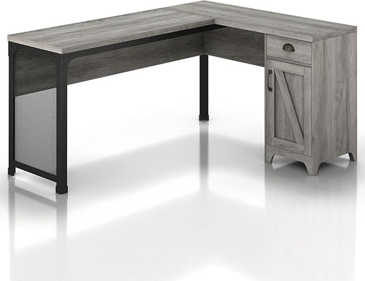 24/7 Shop at Home Holbrook Traditional 1 Drawer Wood L-Shaped Computer Desk with 2 Adjustable Shelves 1 Cabinet Door for Workstation Home Office Study Room Vintage Gray Oak