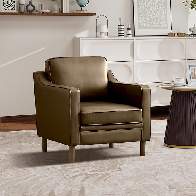 Kingfun Accent Chair Living Room Chairs Faux Leather Reading Armchair Mid Century with Solid Wood Foot Upholstered Modern Decor for Bedroom Apartment Green