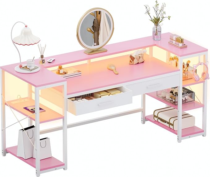 Pamray 58 Inch Computer Desk with Monitor Stand and Shelves Gaming Desk with LED Lights &amp Power Outlets PC Vanity Table with 2 Drawers for Home Office Pink