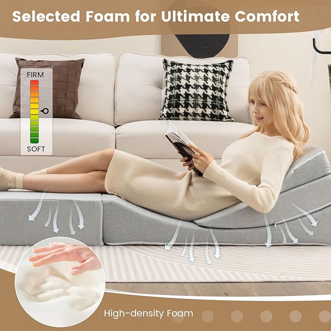 Giantex Convertible Folding Sofa Bed 4-in-1 Floor Futon Sleeper Chair with High-Density Foam Removable &amp Washable Linen Fabric Cover Foldable Single Couch Bed for Living Room Guest Use Road T