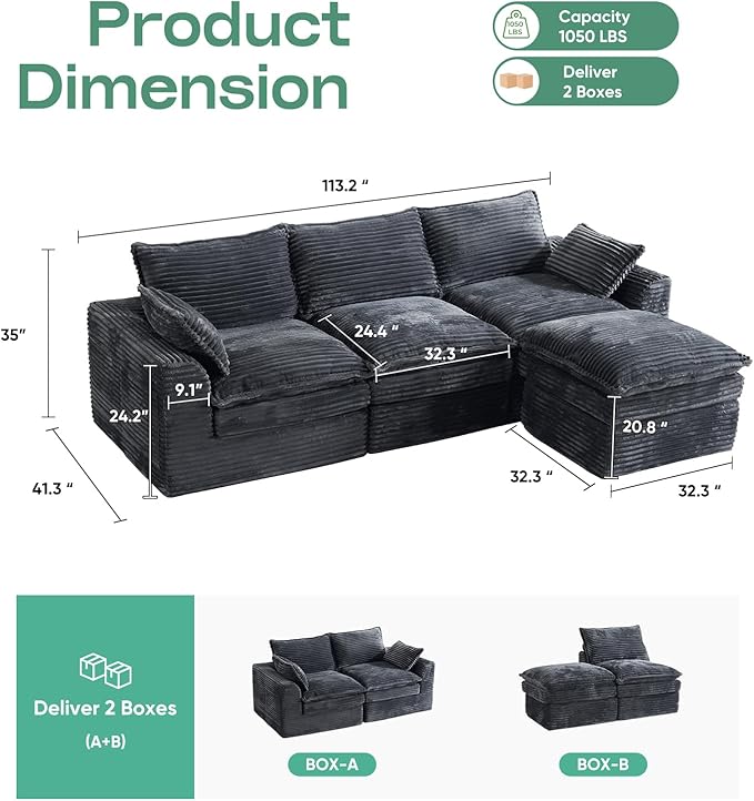 113 Modular Sectional Sofa Oversized L-Shape Cloud Sectional Couch with Deep Seat Modern Boneless Cloud Couch with Side PocketsUpholstered Comfy Sectional Couch for Living Room CorduroyGrey | No