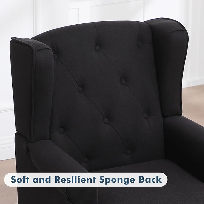 Accent Chair Set of 2 Mid Century Modern Fabric Wingback Chair Upholstered Armchair with High Back and Vintage Legs Comfy Single Sofa Side Reading Chair for Living Room Bedroom Black