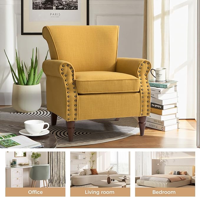 HULALA HOME Accent Chair with Wood Legs &amp Removable Cushion Modern Wingback Armchair with Nailhead Trim Comfy Upholstered Lounge Chair Single Sofa Chairs for Living Room Bedroom Mustard