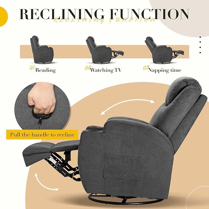 Recliner Chair 360° Swivel Rocker Chair for Adults Rocking Recliner Chair with Massage Comfy Single Sofa with Side Pockets Cup Holders for Living Room Bedroom Nursery (Fabric Dark Gray)