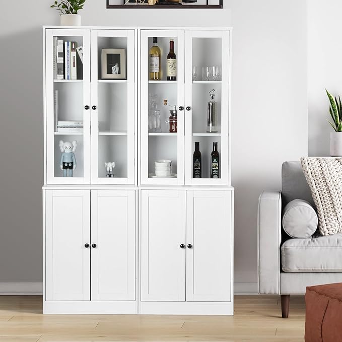 VOWNER Vertical File Cabinet 3-Tier Modern Bookshelf with 3 Large Drawer Wood Filing Cabinet with Open Storage Shelf Glass Doors and Adjustable Shelves for Home Office White (B)