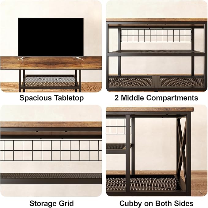Gizoon 59.8 Industrial TV Stand for 55-65 Inch TVs Rustic Brown 3-Tier Media Entertainment Center with Open Shelves Metal Frame Sofa Table for Living Room Bedroom Office