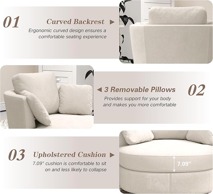 Mlmh &amp Kngwa Oversized Swivel Chair with Ottoman 40.4 inch Round Swivel Accent Chair and A Half Moon Ottoman with 3 Pillows Chenille Cozy Reading Chairs for Bedroom Living Room Beige