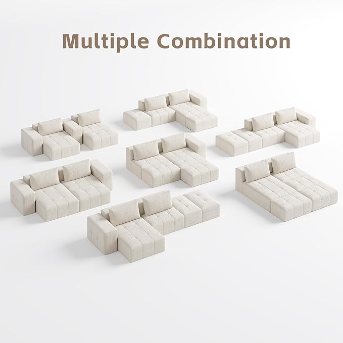 141 Cloud Sectional Couch for Living Room Oversize Boneless Modular Sectional Sofa with Deep Seat L Shaped Modern Cloud Sleeper Sofa Bed with Chaise Beige White
