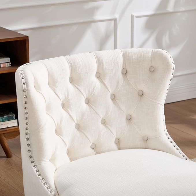 Kmax Accent Chair Slipper Chair with Button Tufted Wingback Armless Living Room Chair with Nails Decorative Modern Side Chair for Bedroom Reception Office Small Space - Linen Beige Walnut Legs