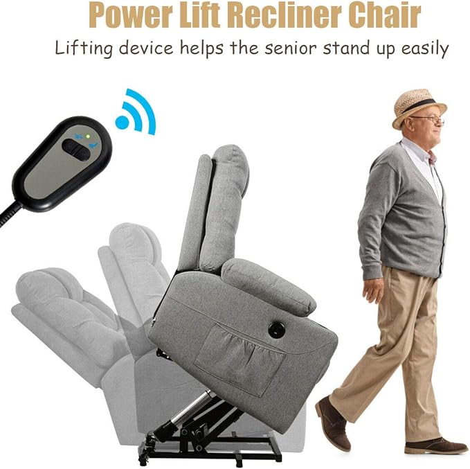 Giantex Power Lift Chair Electric Recliner Sofa for Elderly Fabric Reclining Sofa w/ 8 Point Massage &amp Lumbar Heat 2 Side Pockets Cup Holders USB Charge Port Motorized Sofa Chair for Living Roo