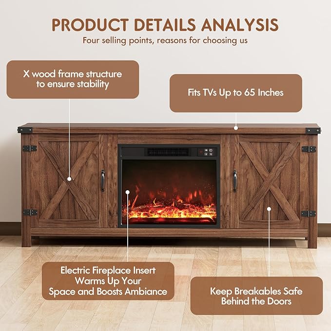 YESHOMY Fireplace TV Stand with Two Barn Doors and Storage Cabinets for Televisions up to 65+ Inch Entertainment Center Console Table Media Furniture for Living Room 58 Inch Walnut