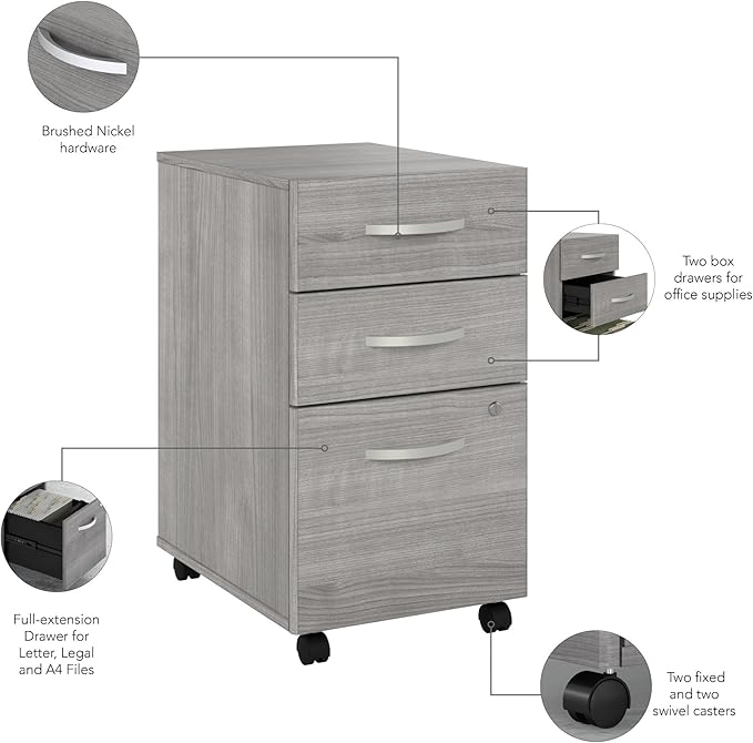 Bush Business Furniture Echo 3 Drawer Mobile File Cabinet in Gray Sand Portable Document Storage Solution for Home and Professional Office