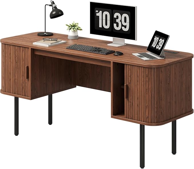 ONBRILL 63 Inch Fluted Computer Desk with Charging Station Mid Century Executive Desk with 2 Storage Cabinets Modern Home Office Large Desk with Metal Legs for Working Studying Writing Walnut
