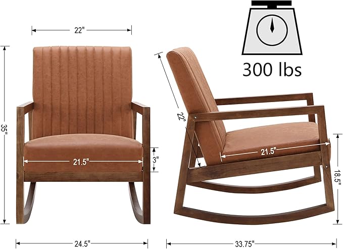 VESCASA Upholstered Faux Leather Rocking Chairs with Channel-Tufted Back Mid-Century Modern Comfy Rockers with Black Walnut Wood Frame for Nursery Living Bedroom Indoor Set of 2 Burnt Orange