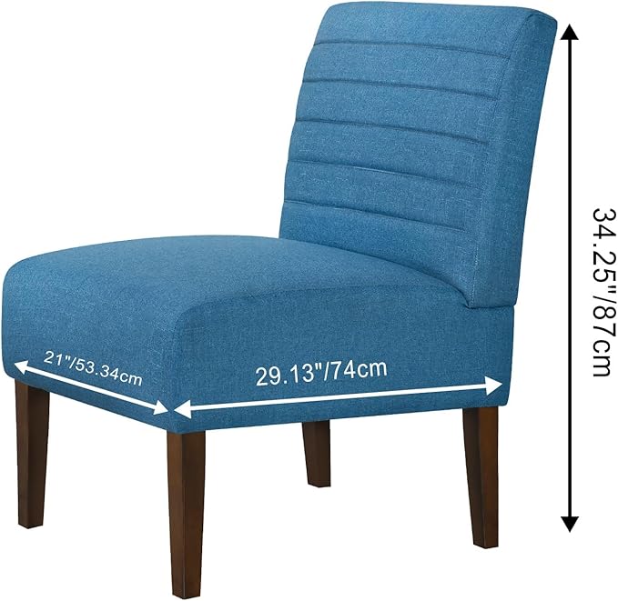 Slipper Accent Chair Modern Armless Lounge Chair with Wood Legs Upholstered Makeup Vanity Tufted Side Chair Fabric Comfy with Decor Back for Living Room Bedroom Patio (Horizontal Back Blue)