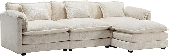 kevinplus 112'' Sectional Sofa Couch with Convertible Ottoman for Living Room Modern Contemporary 3-Seat L-Shape Sofa Couch for Apartment Home Office Thick Cushion &amp Boucle Fabric Beige