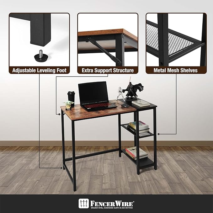 Fencer Wire 40 Inch Home Office Computer Desk with 2-Tier Storage Shelves Study Writing Desk Simple Industrial Modern PC Workstation with Splice Board Rustic Oak Wooden Table and Metal Frame