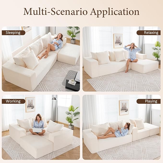 INGEROOM 108 Cloud Sectional Couch with L-Shape Chaise Modular Sofa Memory Foam Boneless Sofa with Movable Ottoman Upholstered Couches for Living Room Bedroom No Assembly Required Beige