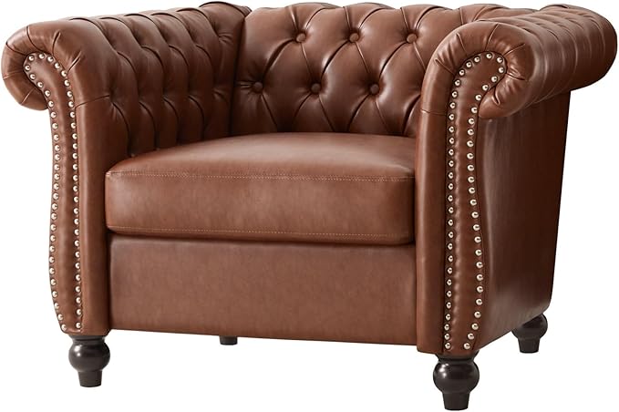 LUMISOL Single Sofa with Turned Legs Chesterfield Style Sofa Couch Furniture with Deep Button Tufting PU Accent Chair with Scrolled Arms for Living Room Apartments Office Brown
