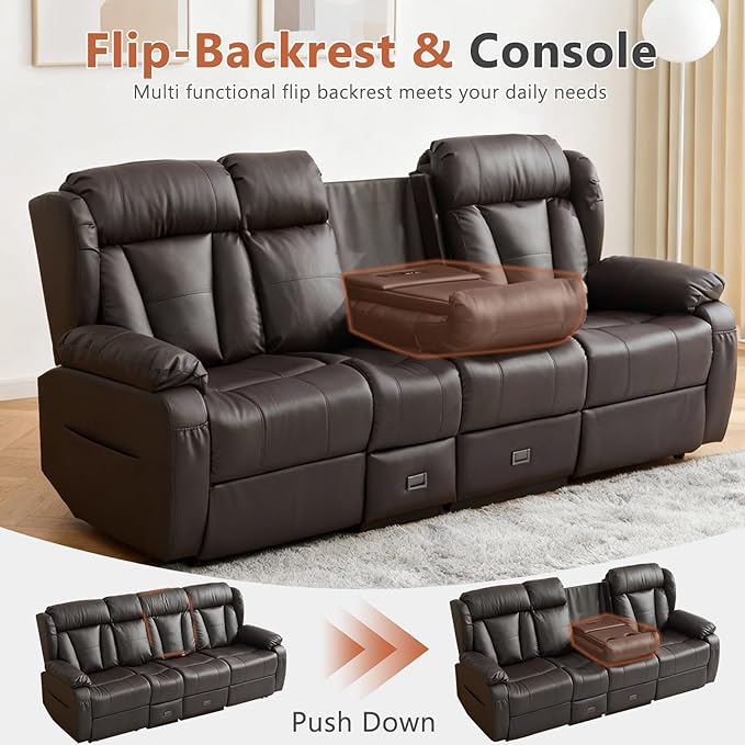 AHMED 3-Seat Manual Reclining Sofa Faux Leather Recliner Couch with Flip-Down Console Home Theater Seating with Cup Holders USB Ports &amp AC Outlet Storage Drawer for Living Room/RV Dark Brown