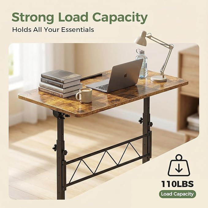 GTPLAYER Small Standing Desk Adjustable Height 30.7-46.4 Portable Computer Table Mobile Desk Workstation Stand Up Desk with Wheels Compact Rolling Table for Home Work Treadmill Walking Pad Brown