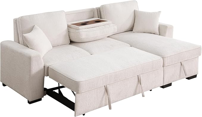 INSTORY Sectional Sleeper Sofa with Pull-Out Bed Drop-Down Table USB &ampType-C Port Cup Holders Beige