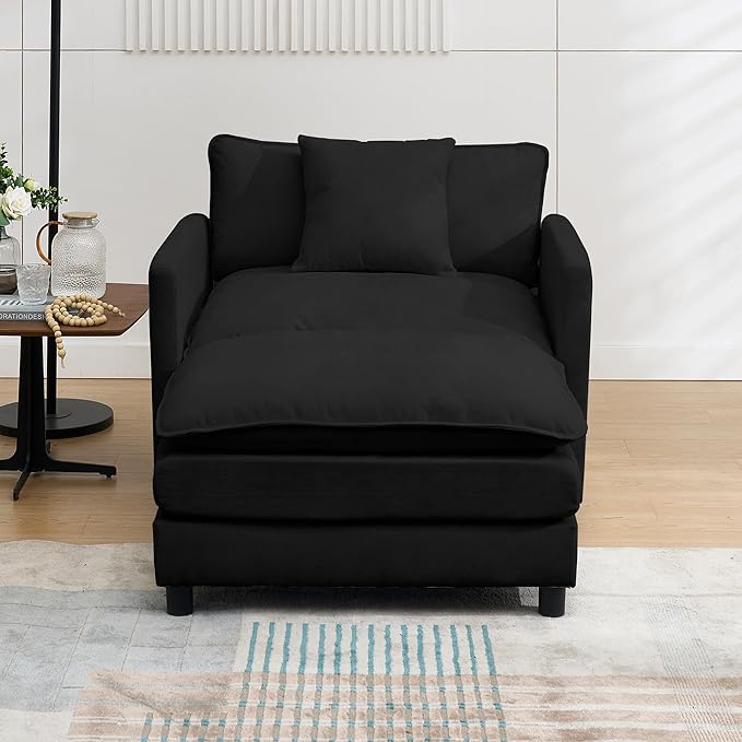 Oversized Chair with Ottoman Modern Chenille Upholstered Deep Seat Couch Armchair 40.16'' Comfy Chaise Lounge Indoor with Thick Cushion for Living Room (Black 40.16'' Single Seat Sofa &amp 1 Ottom