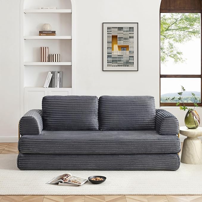 80” Convertible Sleeper Sofa Bed High Back Plush Corduroy Boneless Futon Loveseat with Pull Out Bed Fixed-Shape Folding Floor Mattress Couch No Assembly Required (Grey)