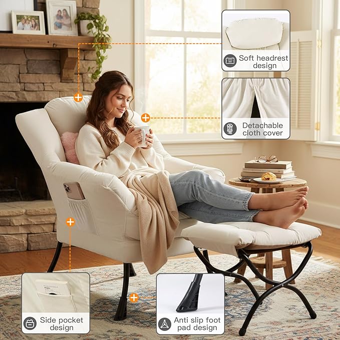 Lazy Chair with Ottoman Large Accent Chair with Ottoman and a Throw Pillow Beige Reading Chair for Living Room Bedroom Dorm Room Office Apartment Relaxing Use