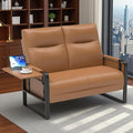 Modern Leather Loveseat Small Sofa with Side Tray &amp Pocket Upholstered Mini Couch for Living Room Office Guest Room Brown