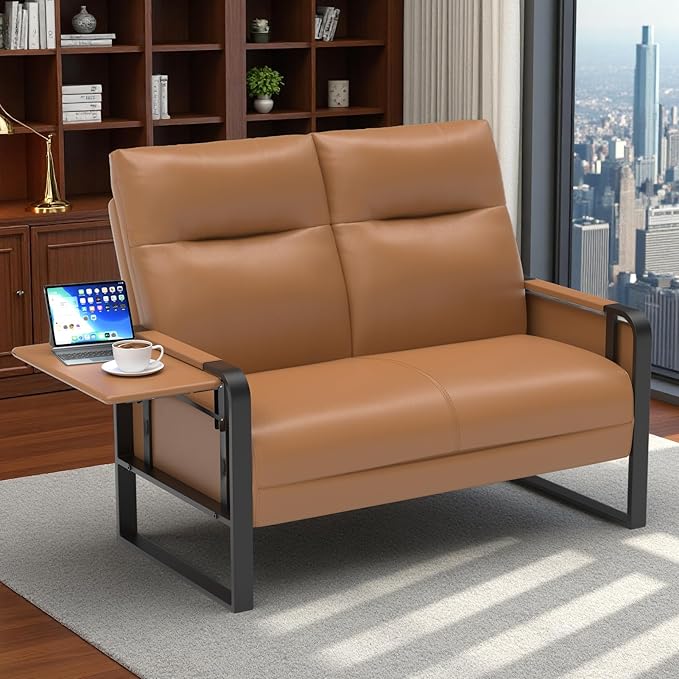 Modern Leather Loveseat Small Sofa with Side Tray &amp Pocket Upholstered Mini Couch for Living Room Office Guest Room Brown