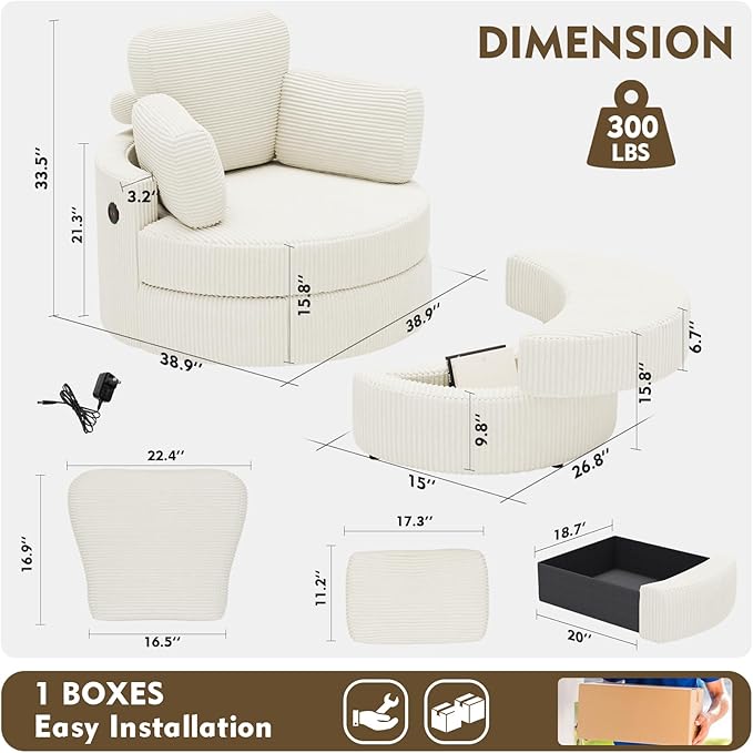 MEISSALIVVE Swivel Accent Chair with Half Moon Ottoman Round Chairs with Drawer Storage for Living Room 360° Barrel Chair with USB Charging Port (White Corduroy)