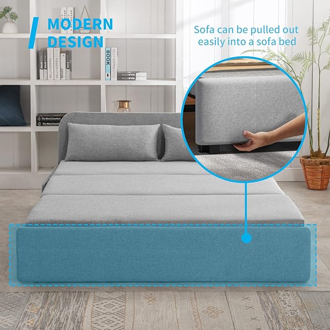 Mjkone 62 Width Pull Out Sleeper Sofa Bed Queen Size 2-in-1 Modern Convertible Linen Sofa Sleeper Pull Out Couch Bed with Cushions &amp Throw Pillows for Living Room Home Office Small Place Light