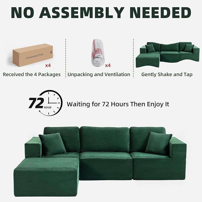 106 Cloud Sectional Couch with Ottoman L Shaped Boneless Couch with Deep Seat 3 Seater Corduroy Modular Sectional Sofa for Living Room No Assembly Required Green