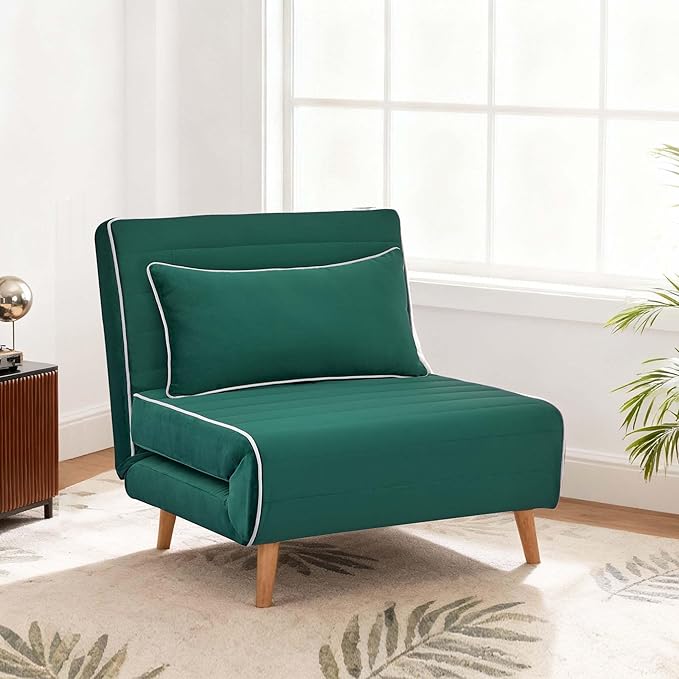 3-in-1 Convertible Sleeper Chair Futon Sofa Bed with Pillow &amp Adjustable Backrest Recliner Sleeper Sofa for Small Spaces Living Room Bedroom or Office Green