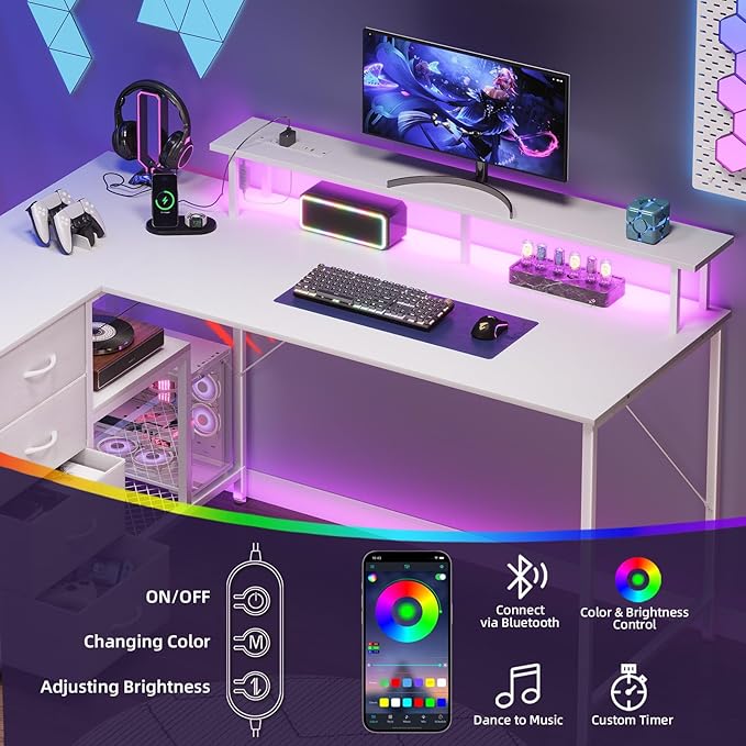 Somdot 53 L Shaped Desk with 4 DrawersReversible Home Office Desks with Power OutletsGaming Desk with USB Charging Port and Host StandCorner Desk with Storage Shelves for GamingWhite Leather
